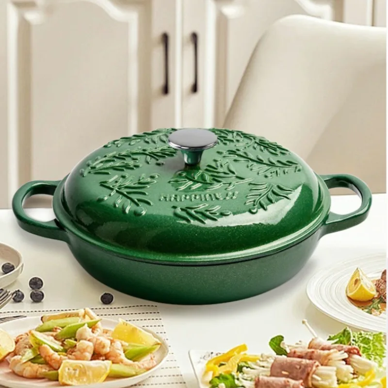 2.6L หม้อเหล็กหล่อหม้อเคลือบเครื่องครัว,Micro ล็อคความดันสดกระทะ,Leaf Emerald Non-Stick หม้อสําหรับทําอาหาร