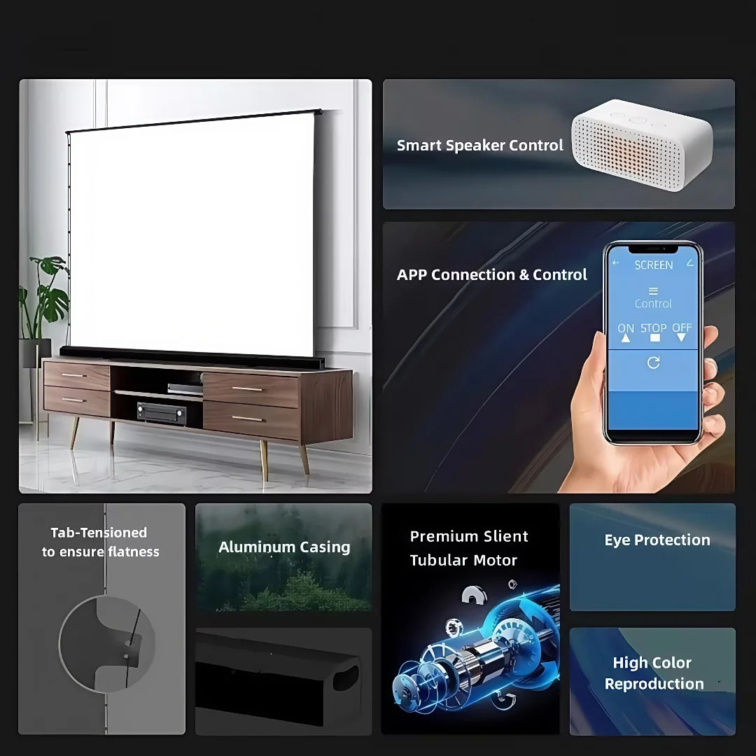 

Smart Home Cinema Free Standing Automatic Vertical Floor Rising Projector Screen With UHD 4K White Front Projection