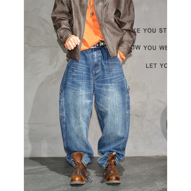 

Vintage Washed Blue Wide Leg Jeans Men, Korean Fashion Loose Straight Casual Denim Pants