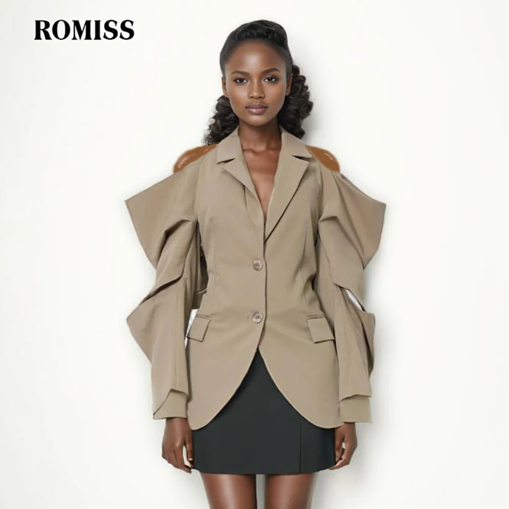 

ROMISS Solid Slimming Chic Blazers For Women Notched Collar Long Sleeve Off Shoulder Patchwork Chain Irregular Blazer Female