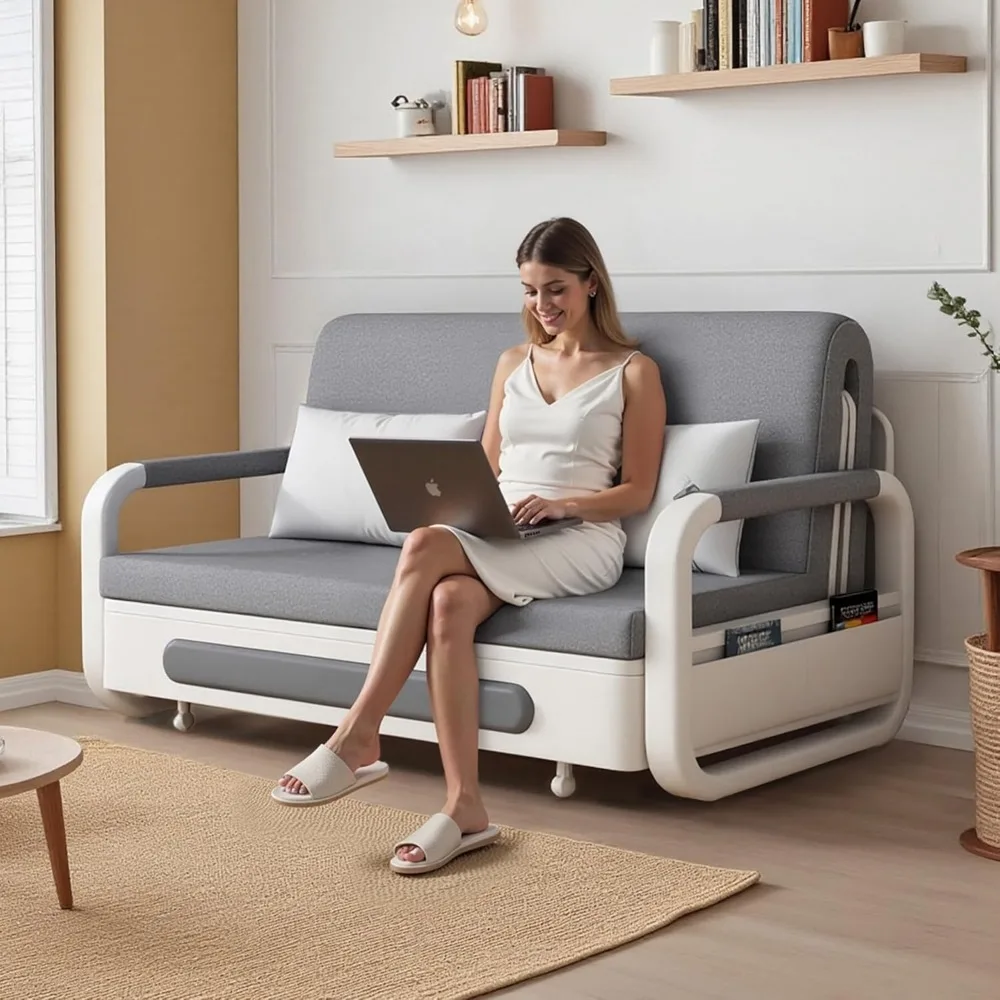 Full Size Pull-Out Sofa Daybed with Trundle, Versatile Futon Couch with Sleeping Function,Metal armrest and Storage Space