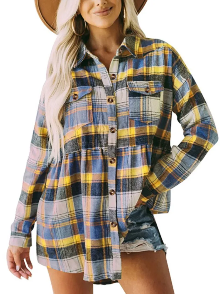

Shirts & Blouses Women's Plaid Shirts 2025 New Autumn Winter Lapel Long Sleeve Pockets Casual Shirt Jacket Button Down Blouses