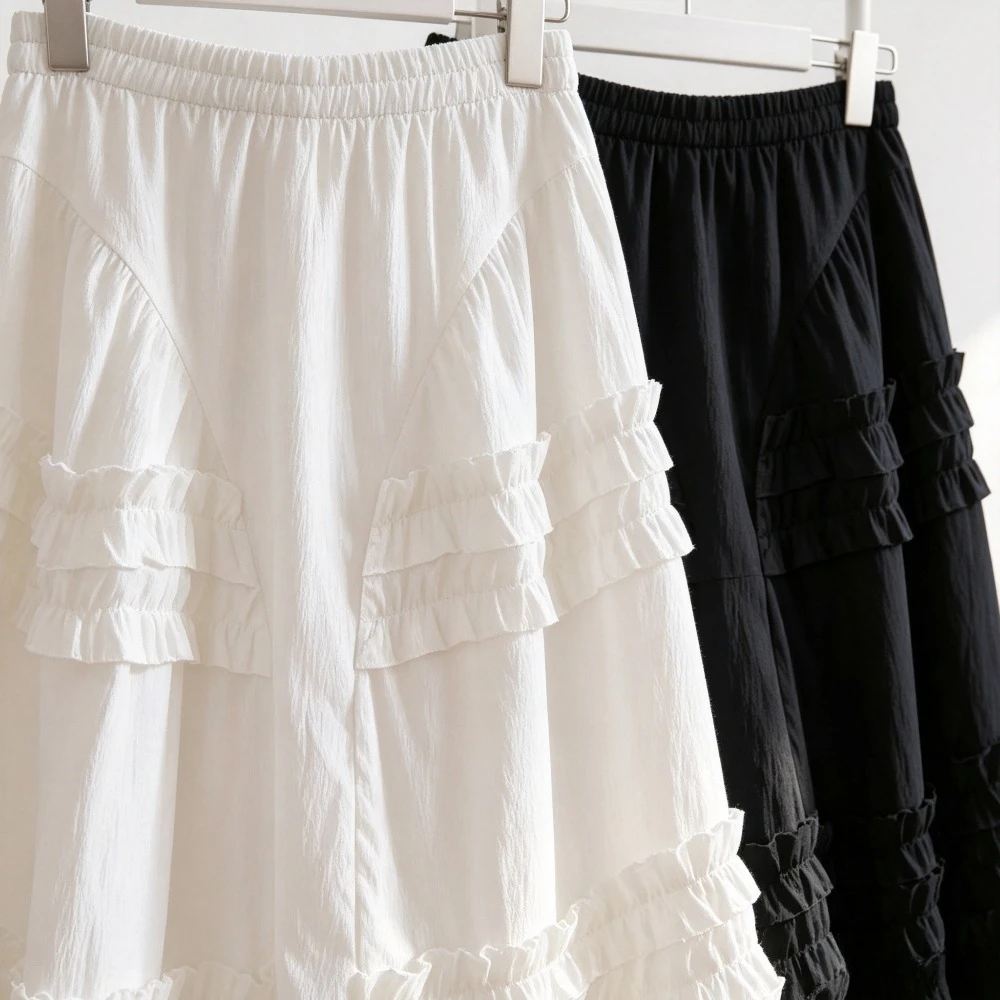 Girls Ruffle Long Skirt Tiered Trim Smocked Waist Flowy Ankle Length Bottoms Kids Vintage Sweet Black White Daily Party Wear