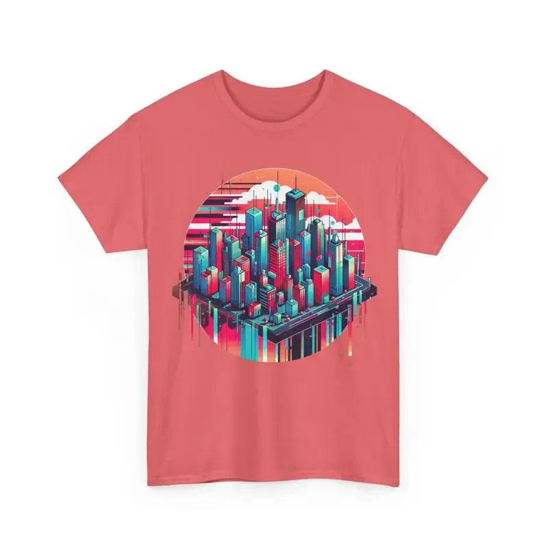 Glitch Art Cityscape T Shirt Casual
