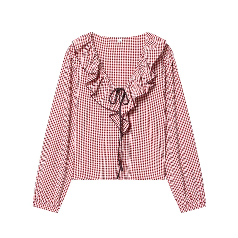 Casual damesoverhemden Mode gelaagde decoratie Klein geruit overhemd met lange mouwen Vrouwelijke blouses Chique tops ﻿