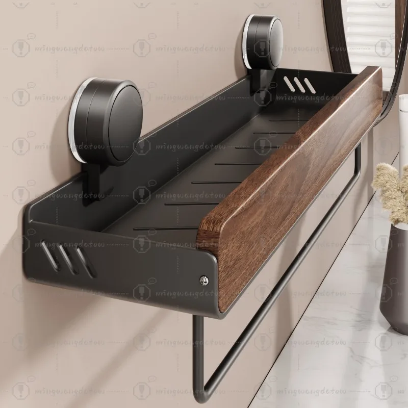 Walnut Wood Wall Mounted Bathroom Organizer, Punch-Free Suction Cup Storage Shelf for Toilet Vanity Sink Area