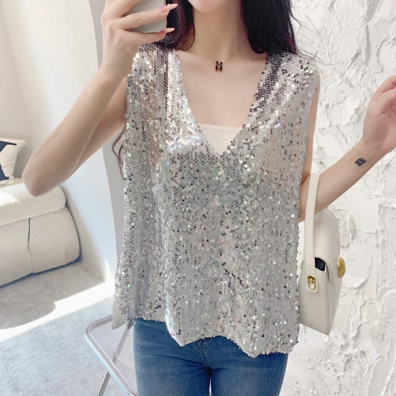 

Heavy Industry Shining Sequins Black Vest Women's Summer 2023 New Design Sense Temperament Fashionable Versatile Sleeveless