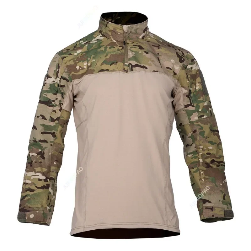 Camisa de combate tática camuflada para homens, algodão stretch, uniforme com zíper, manga comprida, camiseta camuflada, respirável e resistente ao desgaste