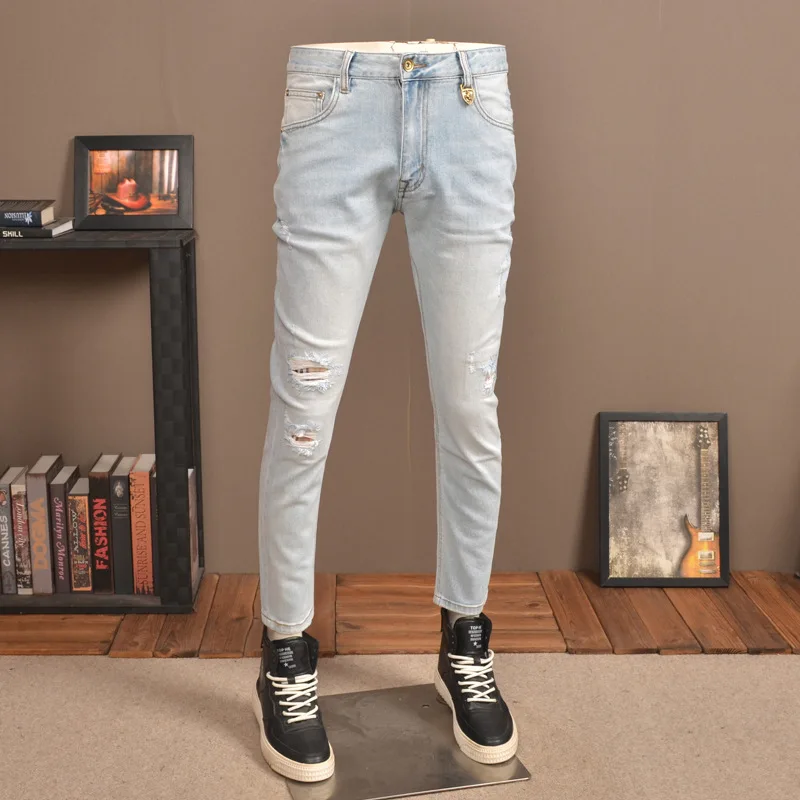Retro Light Color Hole Jeans Men's Thin Summer Trendy Stretch Slim Fit Skinny High-End Casual Patch Men's Pants