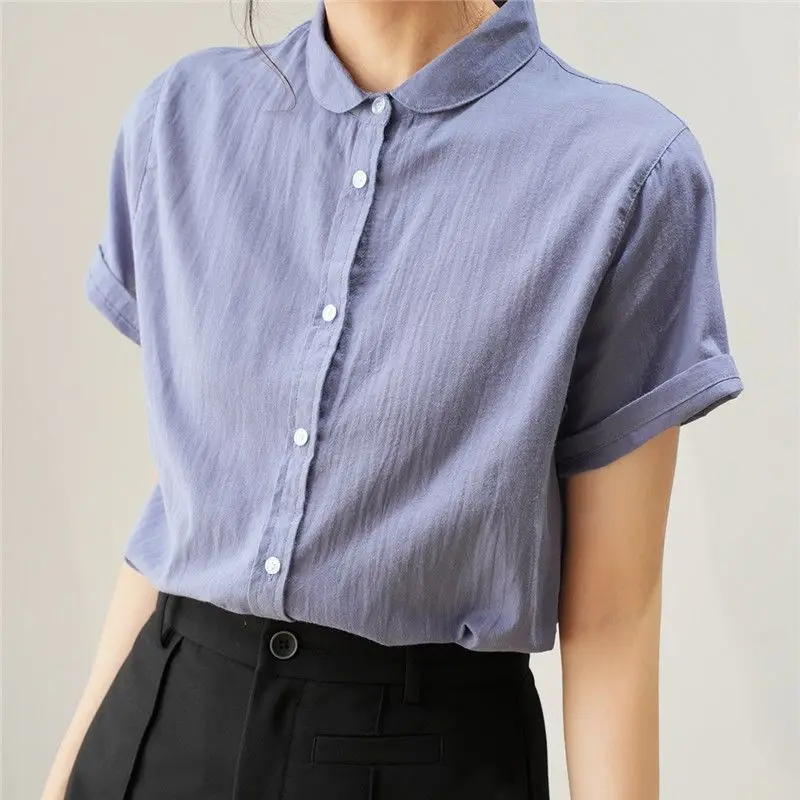 Vintage Button Loose Blouse Summer New Short Sleeve All-match Simplicity Solid Color Shirt Tops Casual Fashion Women Clothing