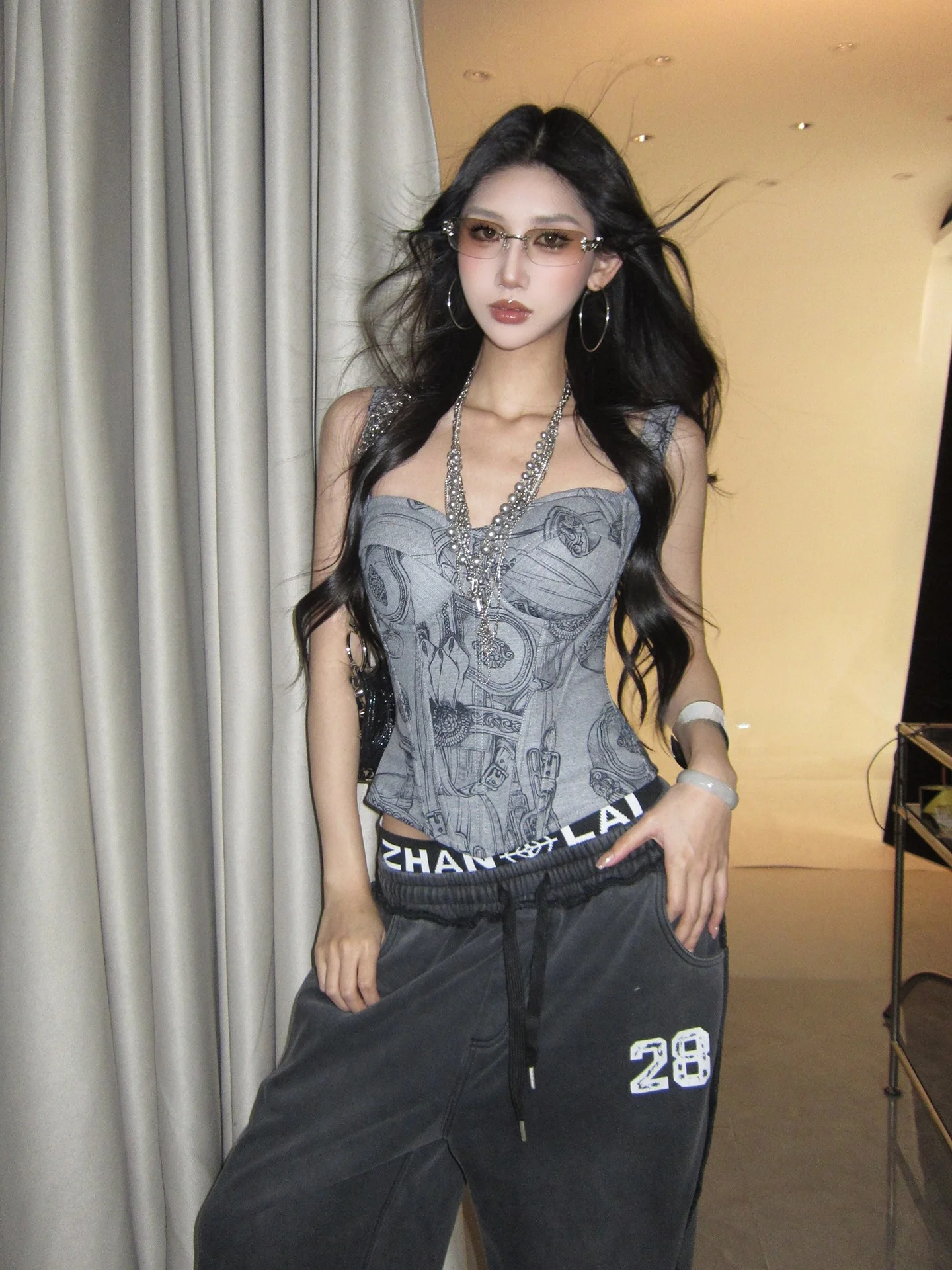 

PRO83 Punk Sle Fibone Print Vest And Pants Set Worn outside Double Waist Head Sweatpants Two-Piece Set Women's Faion