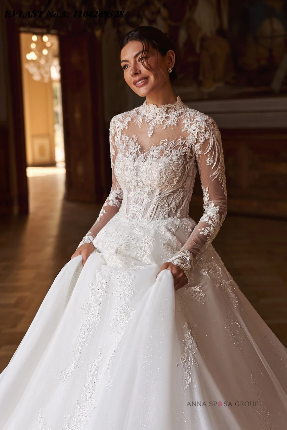 EVLAST فستان زفاف أنيق مخصص على شكل حرف A بأكمام طويلة ورقبة عالية مزين بالزهور فستان زفاف مطرز Vestidos De Novia E3WA62 #4