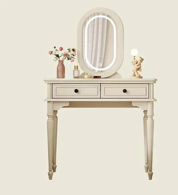 

French cream style solid wood, dresser small apartment bedroom multi-function lamp mirror integrated small makeup table