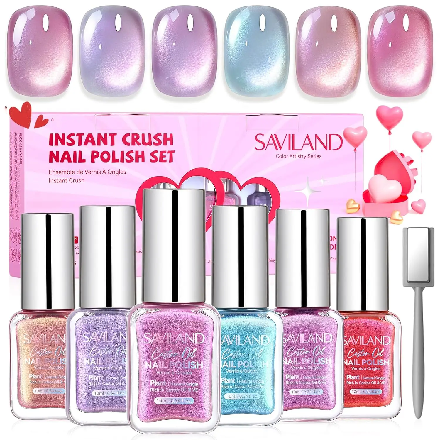 

6-Color Cat Eye Nail Polish Set: Quick Dry, Magnetic, Romantic Pink & Lilac, with Magnet Stick, DIY Manicure Gift for Women