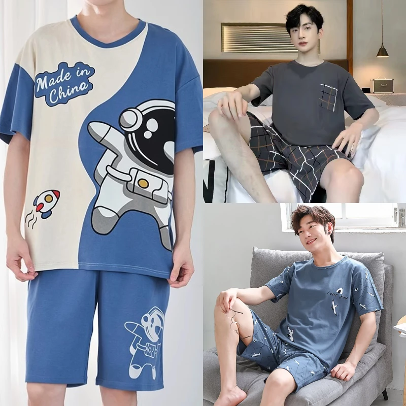 Men Pajamas Short-Sleeved Teenagers Loose Large Size Casual Homewear Grey Plaid Pullover Easy to Clean Cartoon Sleepwear