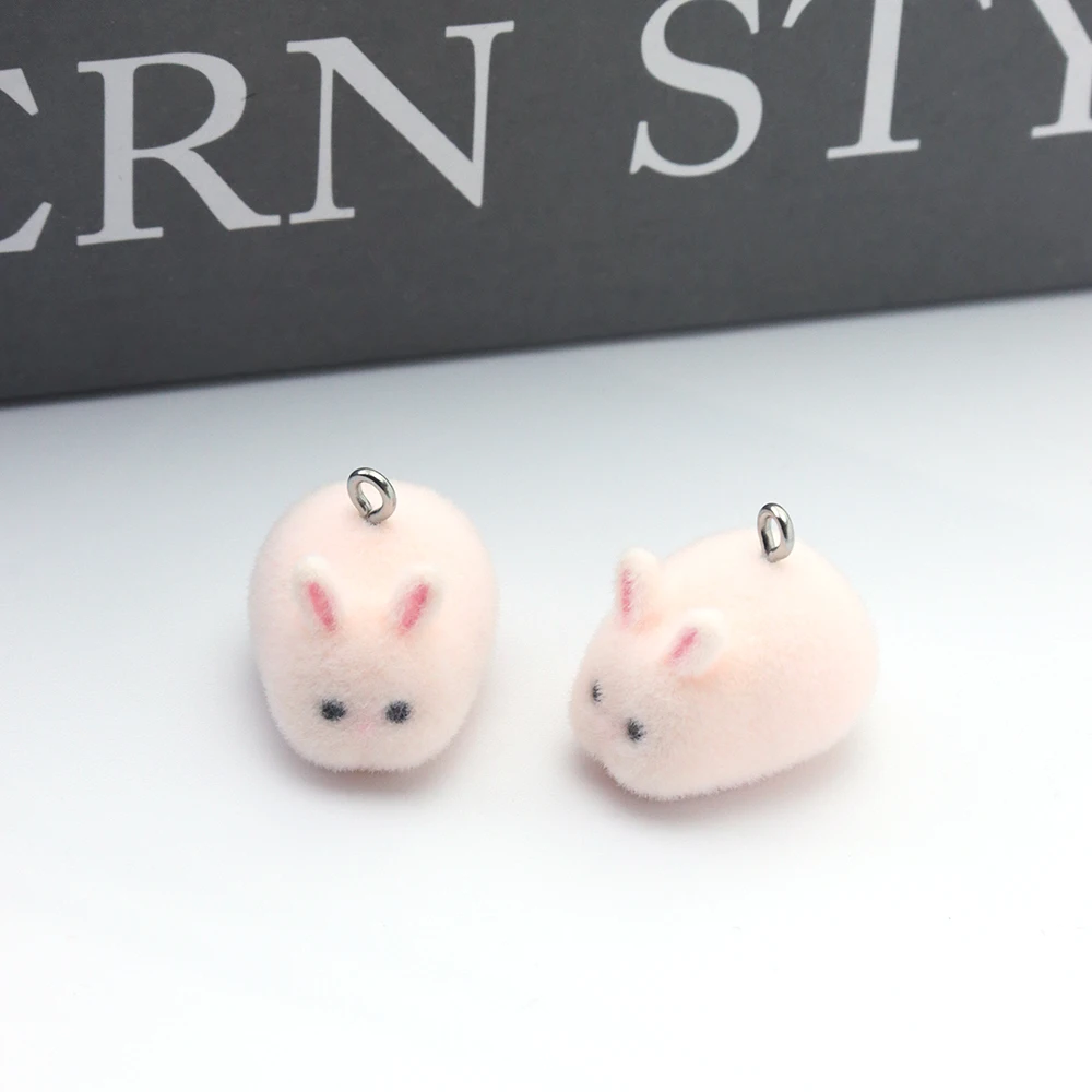 20Pcs 3D Flocking Resin Cute Rabbit Charms Cartoon Animal Pendant for Earrings Keychain Necklace Making DIY Jewelry Accessories