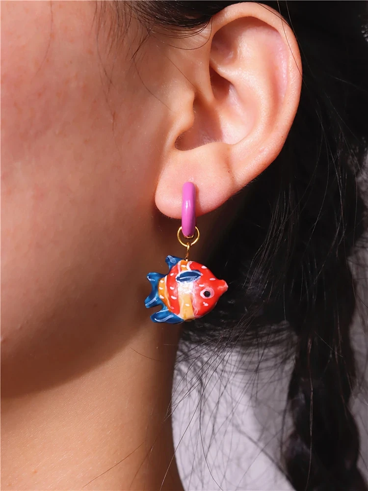 Pre Sale Colorful Glazed Enamel Fish Hoop Earrings for Women Girls Cute Handmade Chic Ancessories Summer Beach Trend Jewelry