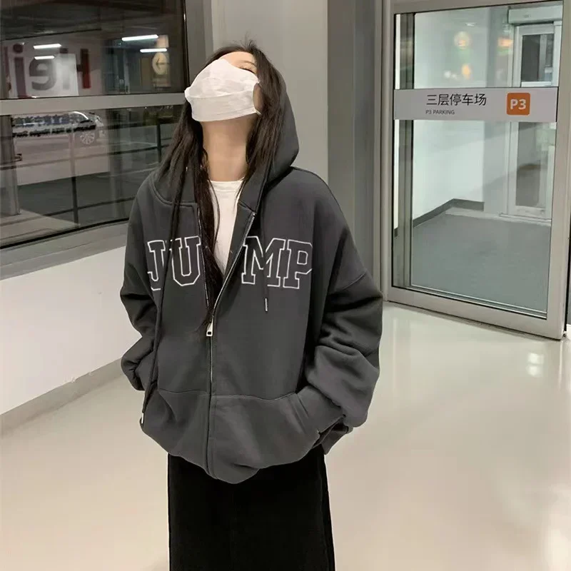 Y2k Women Letter Print Sweatshirts Winter Vintage Long Sleeve Oversized Hoodies Female Casual Zipper Jacket Coat Clothes Jacket