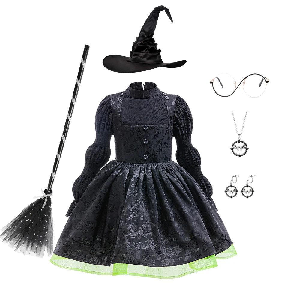 

Halloween Wicked Witch Costume Elphaba Dress with Hat and Glasses Evil Witch of The West Girl Cosplay Outfit Carnival Clothes