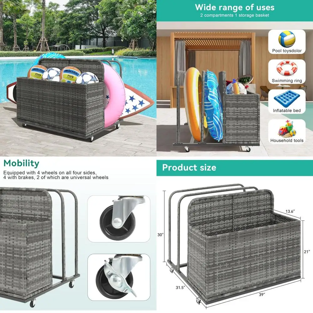 

Наружный органайзер для хранения у бассейна на колесиках для патио, полиэтиленовый ротанговый Caddy, идеально подходит для подушек и поплавков для бассейна