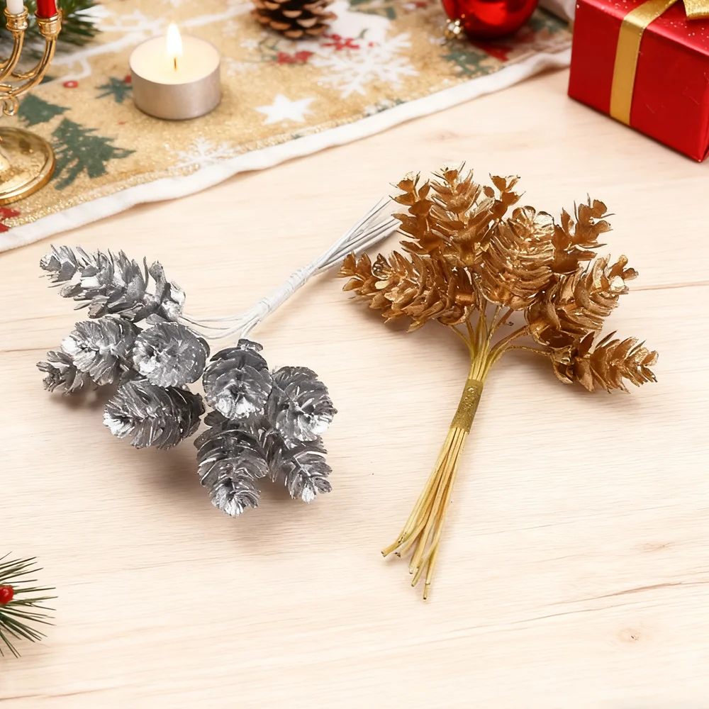 10 Teile/Bündel Gold Silber Weihnachten Tannenzapfen Künstliche Pflanzen Diy Geschenke Box Hochzeit Dekorative Blumen Wohnkultur Zubehör