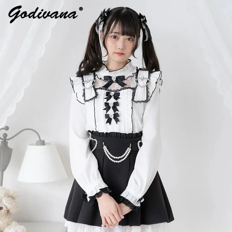 Japanese Mine Cute Bow Lotus Leaf Long Sleeve Shirt Spring and Autumn Girl Women's Lolita Blouse Sweet Tops