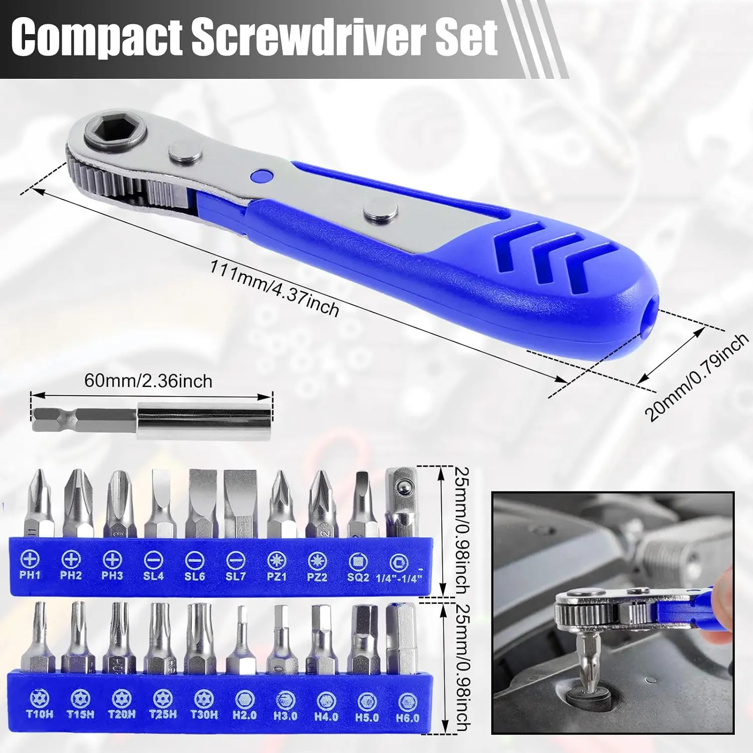 22 in 1 Mini Screwdriver Set 1/4 Right Angled Ratchet Screwdriver with Phillips Slotted Torx Magnetic Bits for Small Space