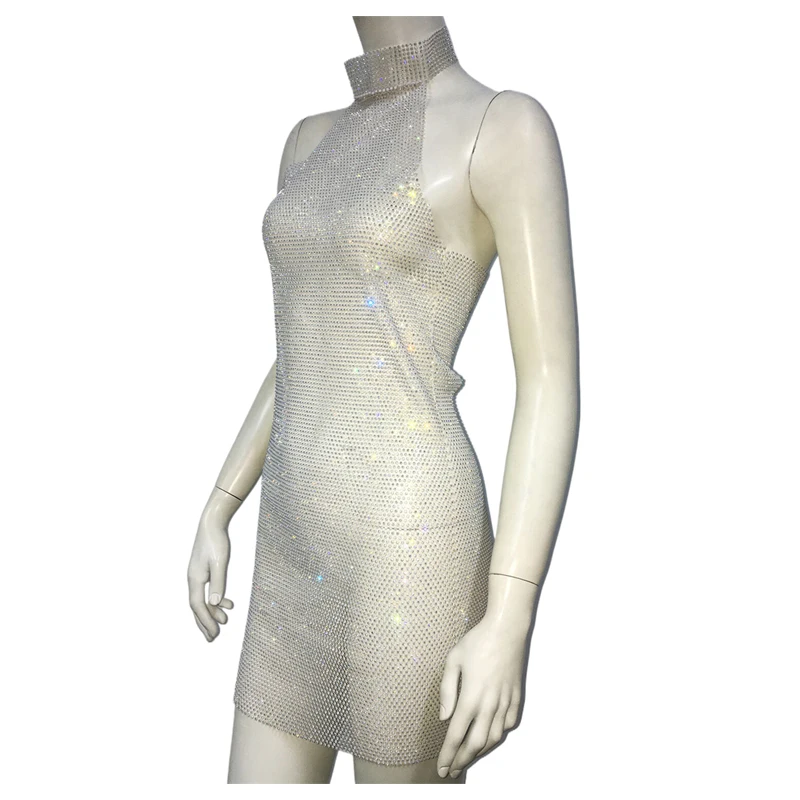 Glitzerndes Kristall-Netzkleid mit Strass für Damen, Neckholder-Minikleid aus transparentem Mesh, figurbetontes Party- und Clubkleid, Geburtstagsgeschenk für Damen – Detail 9