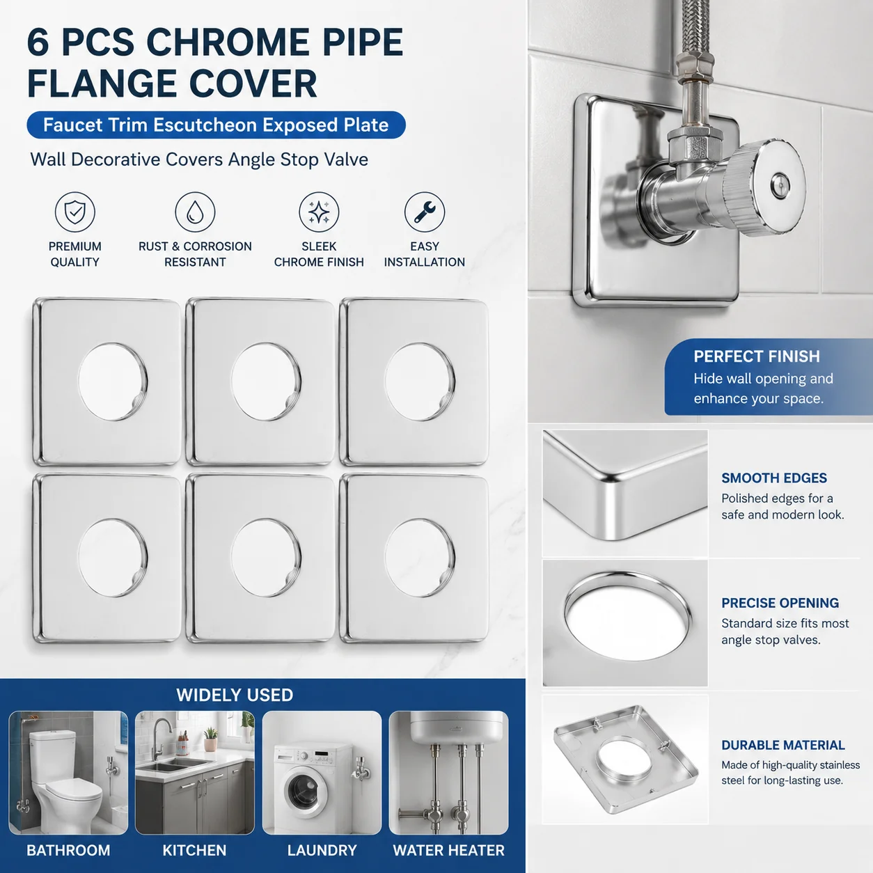 6Pcs Stainless Steel Square Escutcheon Plate Cover Chrome Pipe Flange Faucet Trim Wall Decor For Angle Stop Valve Exposed Covers