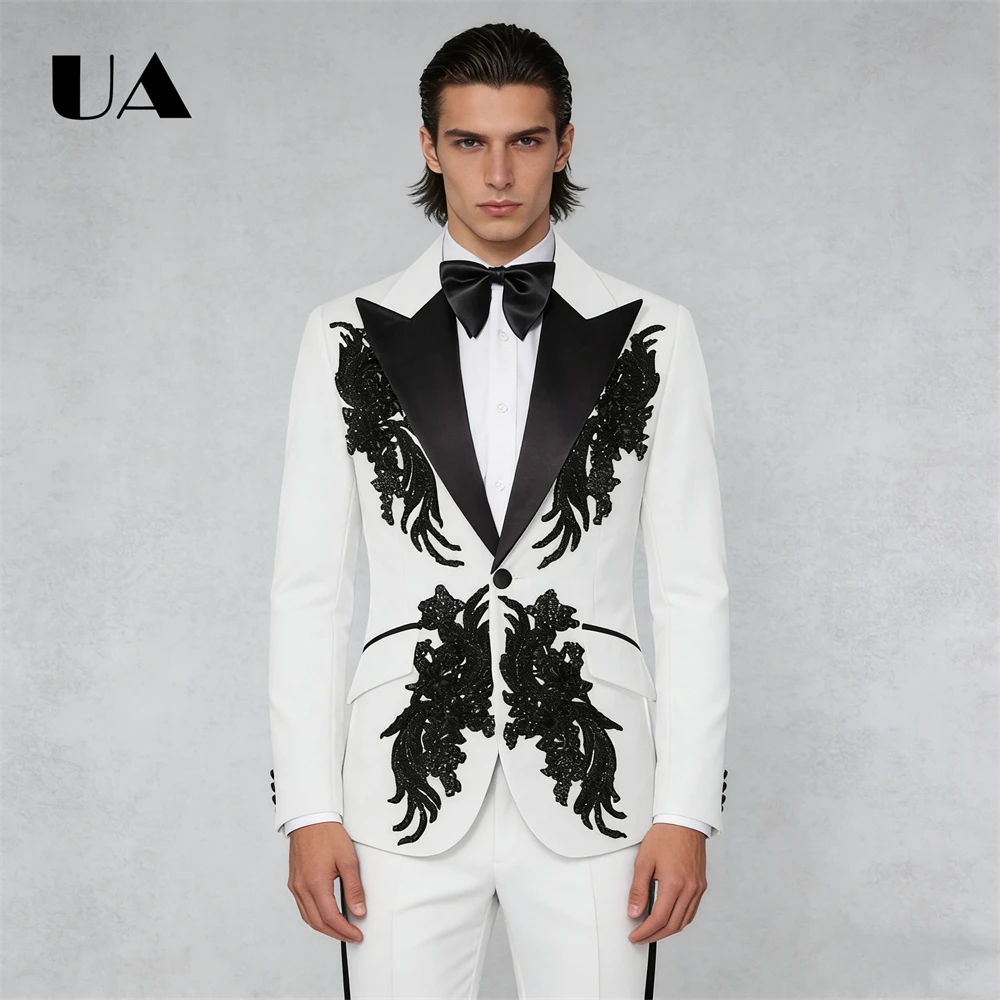 

Черный мужской костюм с аппликацией из бисера, куртка, брюки, свадебный костюм жениха, плюс размер, доступный смокинг для выступлений певицы и шалфея