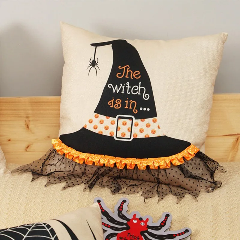 Linen Throw Pillow Covers 18x18 Inch Vintage Halloween Pumpkin Spider Home Decor Pillowcase Square Cushion Covers for Sofa Bed