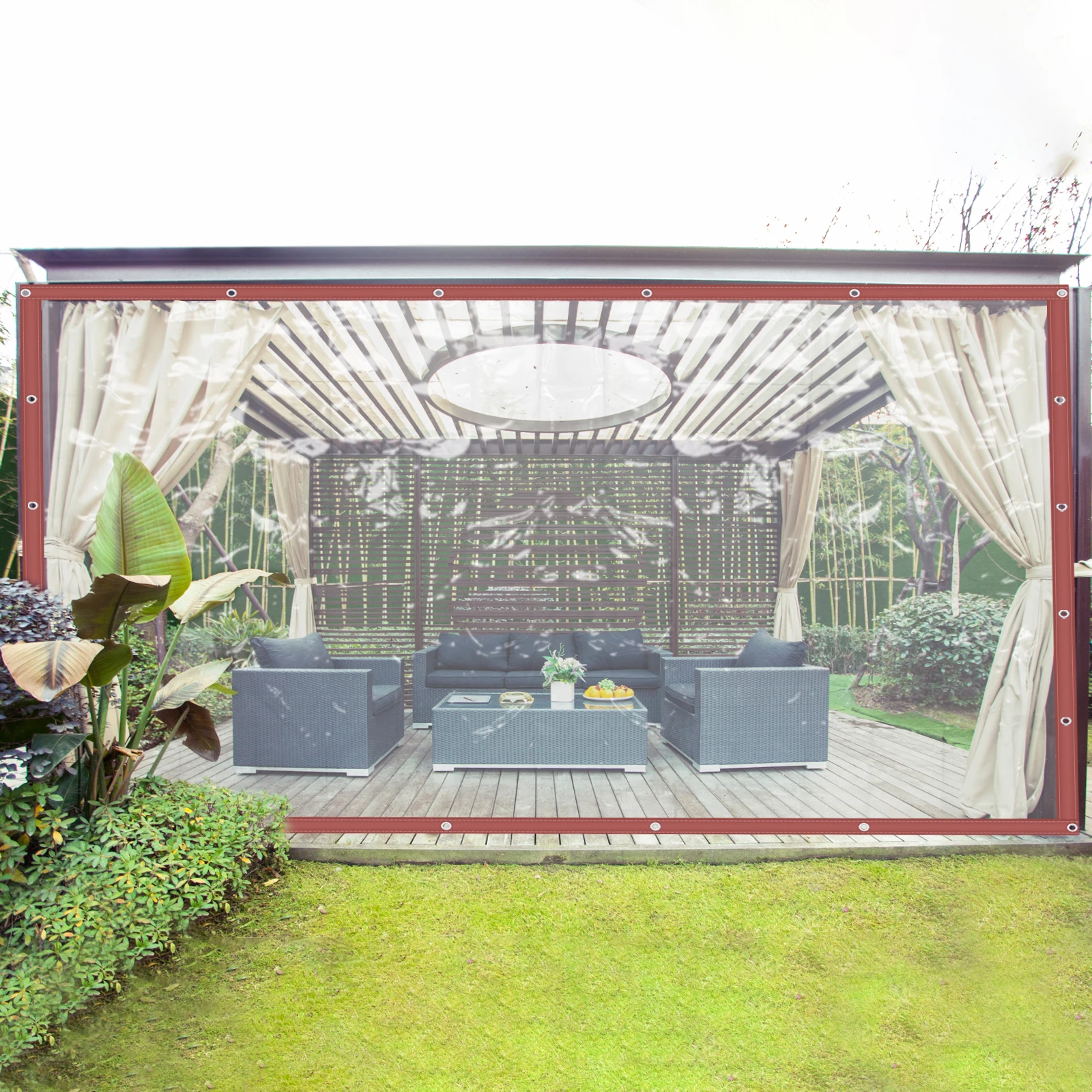 

8*8ft Clear Tarps Heavy Duty Waterproof, Transparent PVC Vinyl Tarpaulin for Porch Screens, Deck Covers, Patio Enclosures, Brown