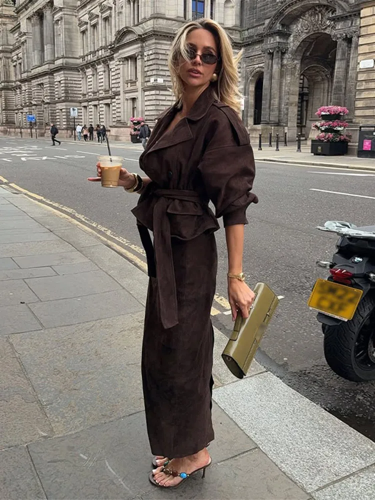 2025 Autumn Winter Fashion Elegant Women's Suede Jackets Skirts Suit Lace Up Lapel Solid Lady Sets