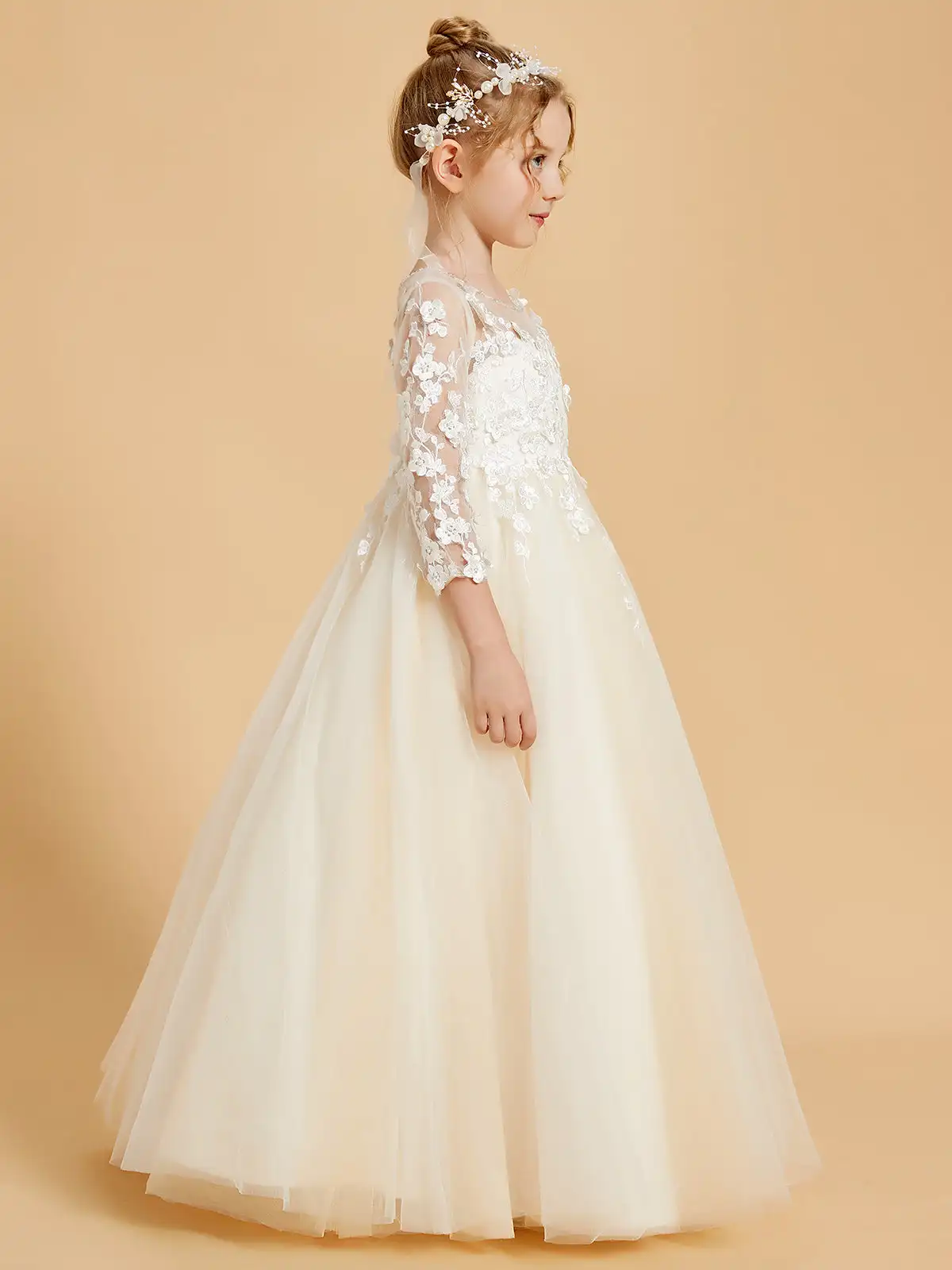 Elegante manga comprida Flower Girl Vestidos com Applique, Vestidos de casamento para crianças, Ruched Joelho Comprimento, Vestidos de festa de aniversário