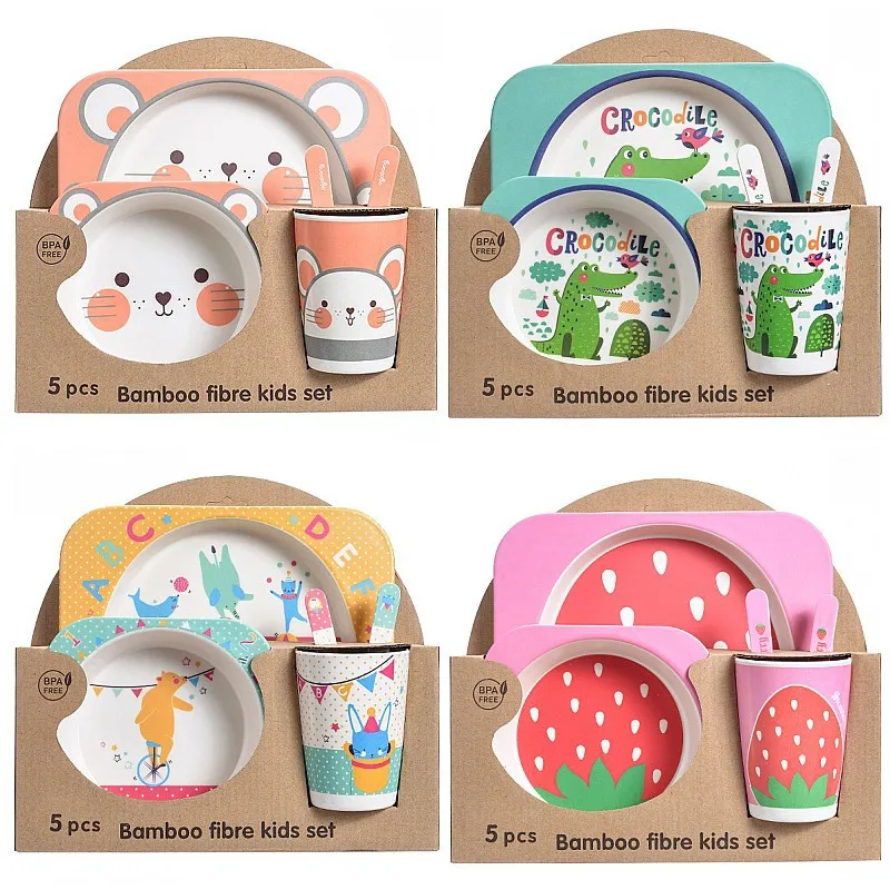 5pcs Baby Natural Bamboo Tableware Bamboo Bowl Baby Feeding Tableware Children Cute Cartoon Gift Bowl Set