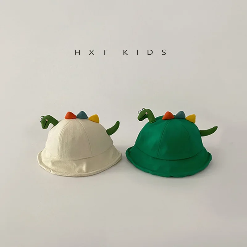 Sombreros de cubo de dinosaurio de dibujos animados coreanos para niños, gorros de pescador, Protector solar al aire libre, turbante para niños,