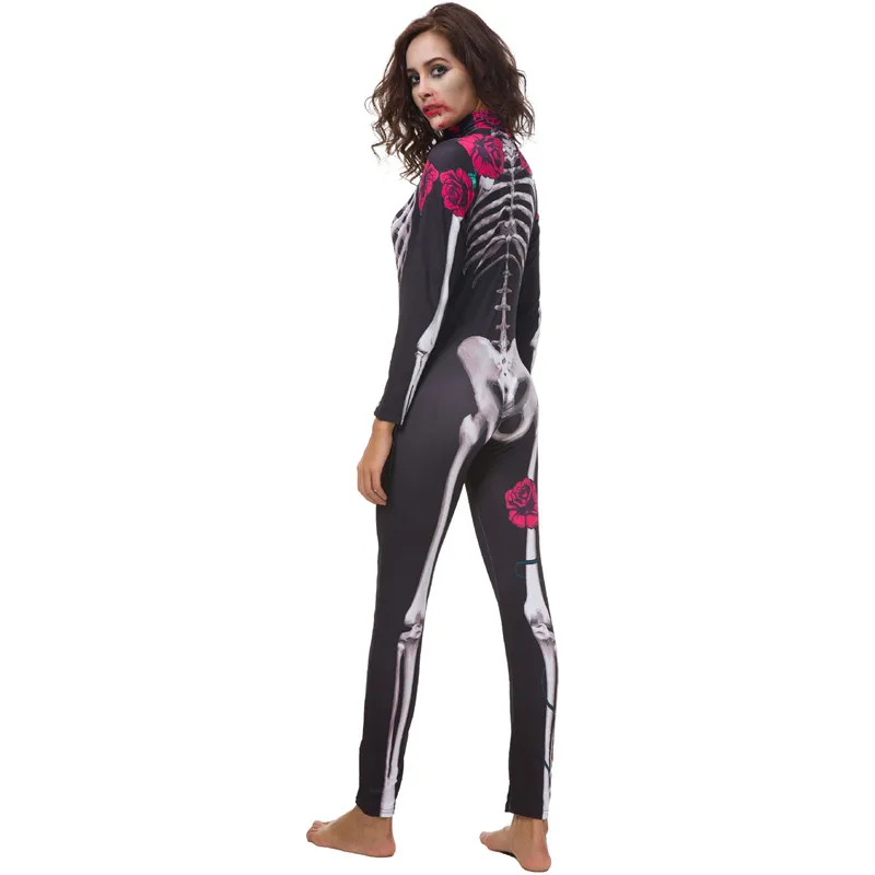 Women Girls Halloween Haunted House Themed Party Costume Long Sleeve Turtleneck Skeleton Rose Print Scary Sexy Jumpsuit Bodysuit