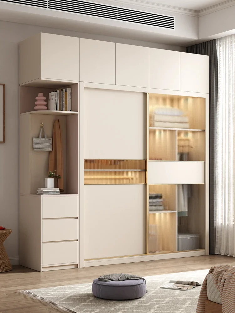 Modern minimalist cream style sliding door combination for household wardrobes, bedrooms, and small units