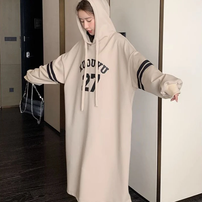 Hooded Midi Dresses Women Letter Casual Straight Loose Personality Japanese Style Y2k Simple Girls Fashion All-match Streetwear