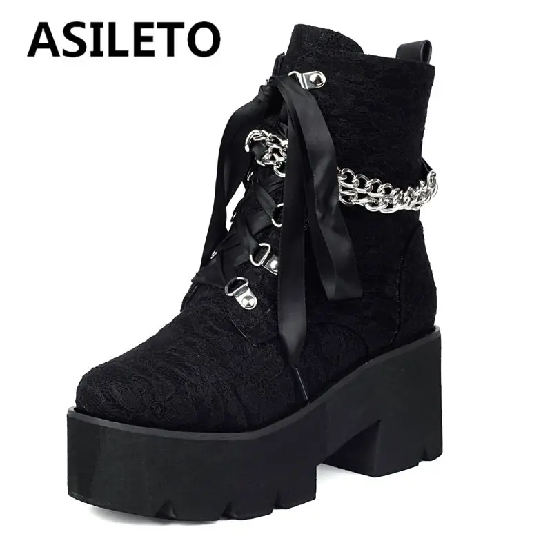 

ASILETO Gothic Women Ankle Boots Round Toe Block Heels 7cm Platform Hill 4.5cm Lace Up Chain Metal Decor 41 42 43 Casual Bota