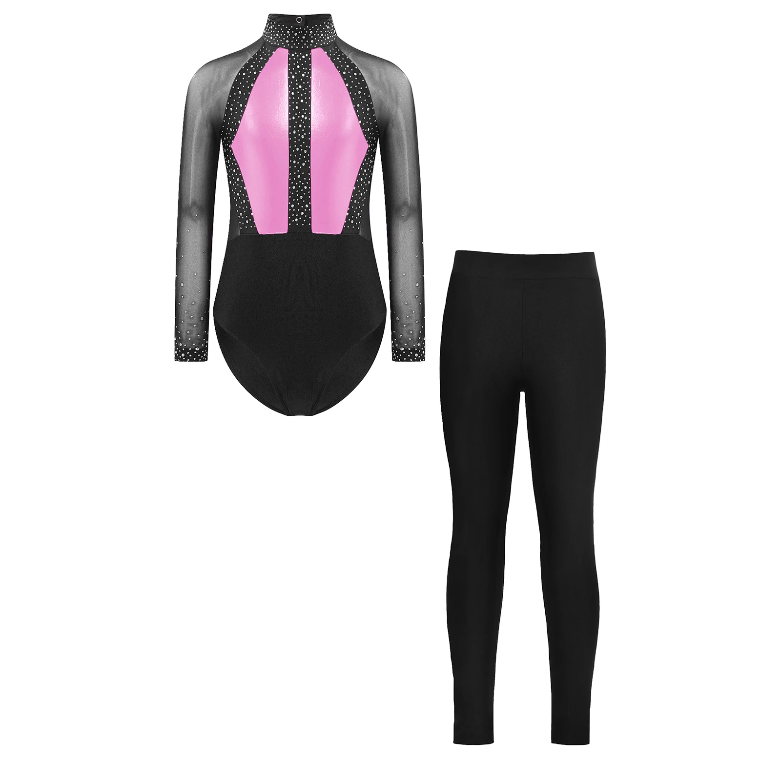 Kids Color Block Ballet Leotard for Girls Sheer Mesh Long Sleeve Rhinestone Gymnastics Leotards Leggings Figure Skating Jumpsuit