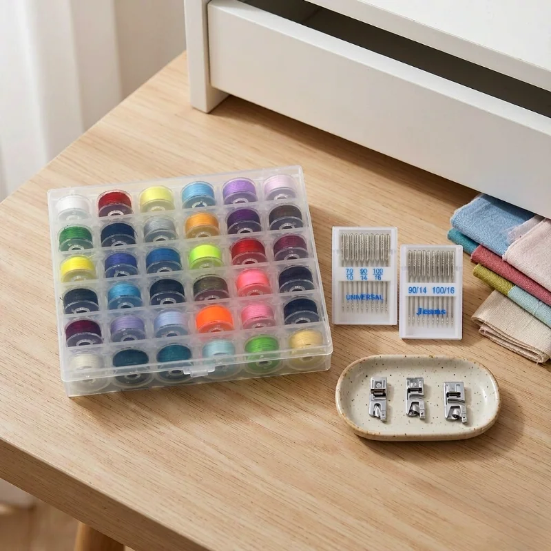 36 Spool Sewing Thread Set for Machine Sewing, Colorful Polyester Thread Box with Needles and Hemming Feet, Sewing Supplies Kit