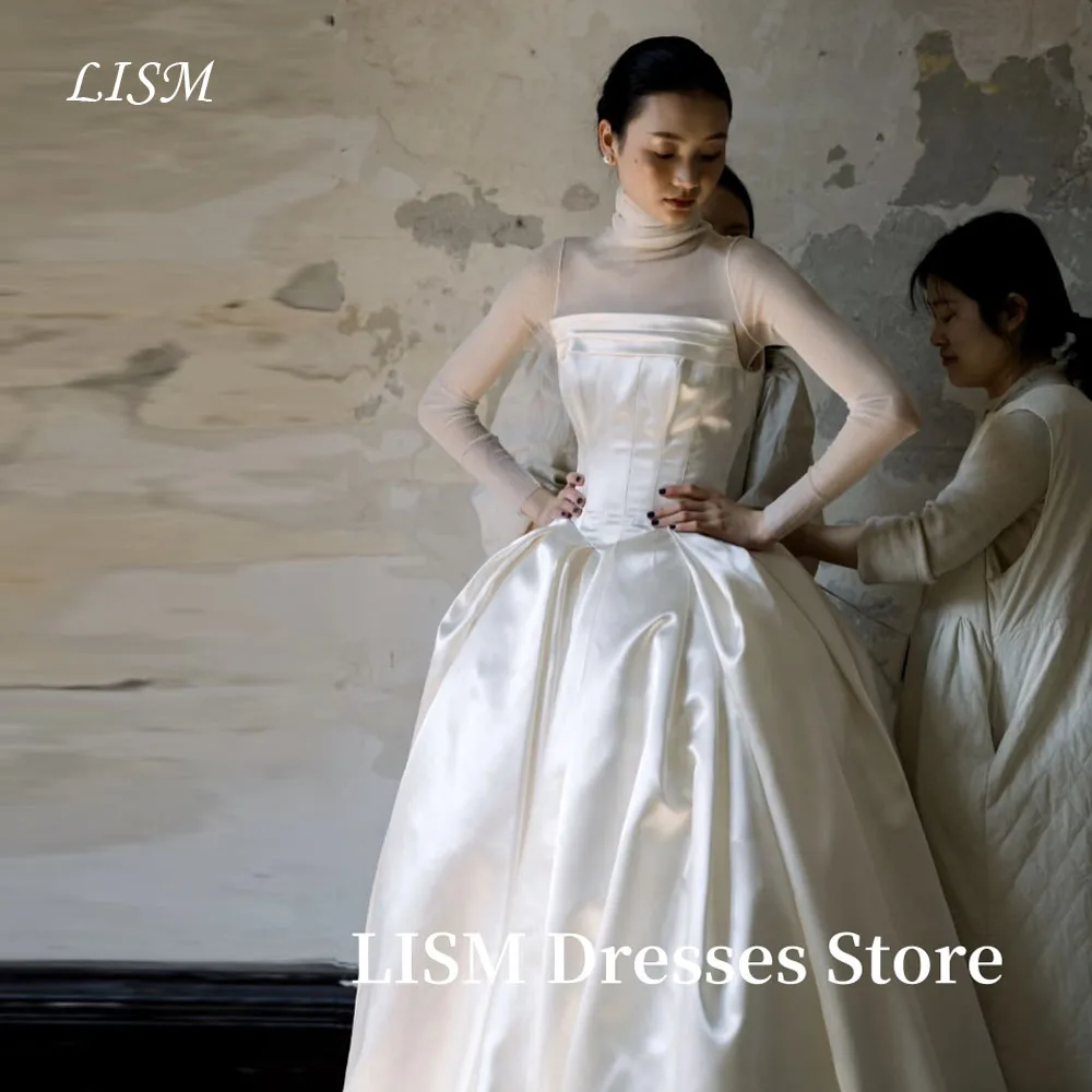 

LISM Satin Elegant A-Line Korea Wedding Dresses Photo Shoot Full Sleeves High Neck Bridal Gowns웨딩드레스Customized Corset Long Dress