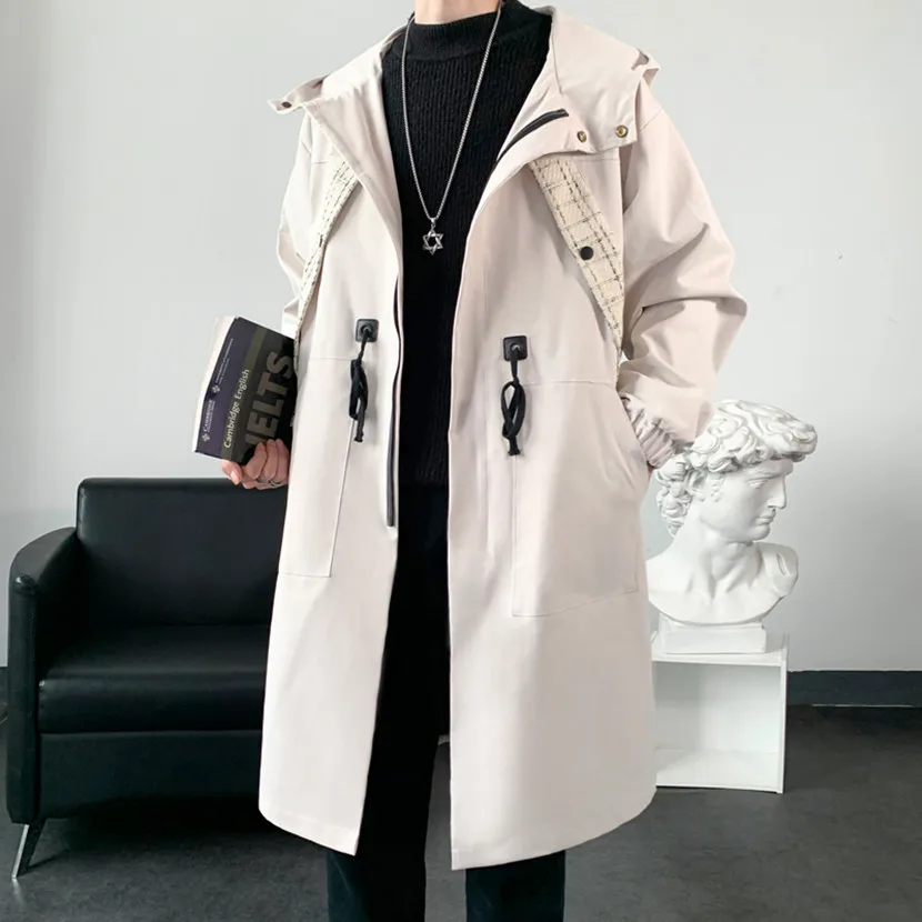 

Модное мужское длинное пальто с капюшоном, свободного кроя, до колен, весна-осень, стильная ветровка для молодежи, на молнии