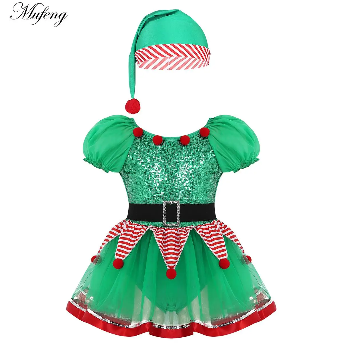 Teen Christmas Ballet Dance Dress Green Sequins Elf Mesh Tutu Gymastics Leotard Figure Skating Dance Performance Costume