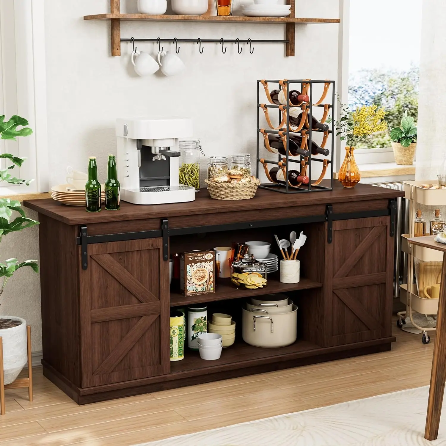 Farmhouse Sideboard Buffet Cabinet, Coffee Bar Storage with Sliding Barn Doors, Shelf for Home Dining Room, 27.5 Height Espresso