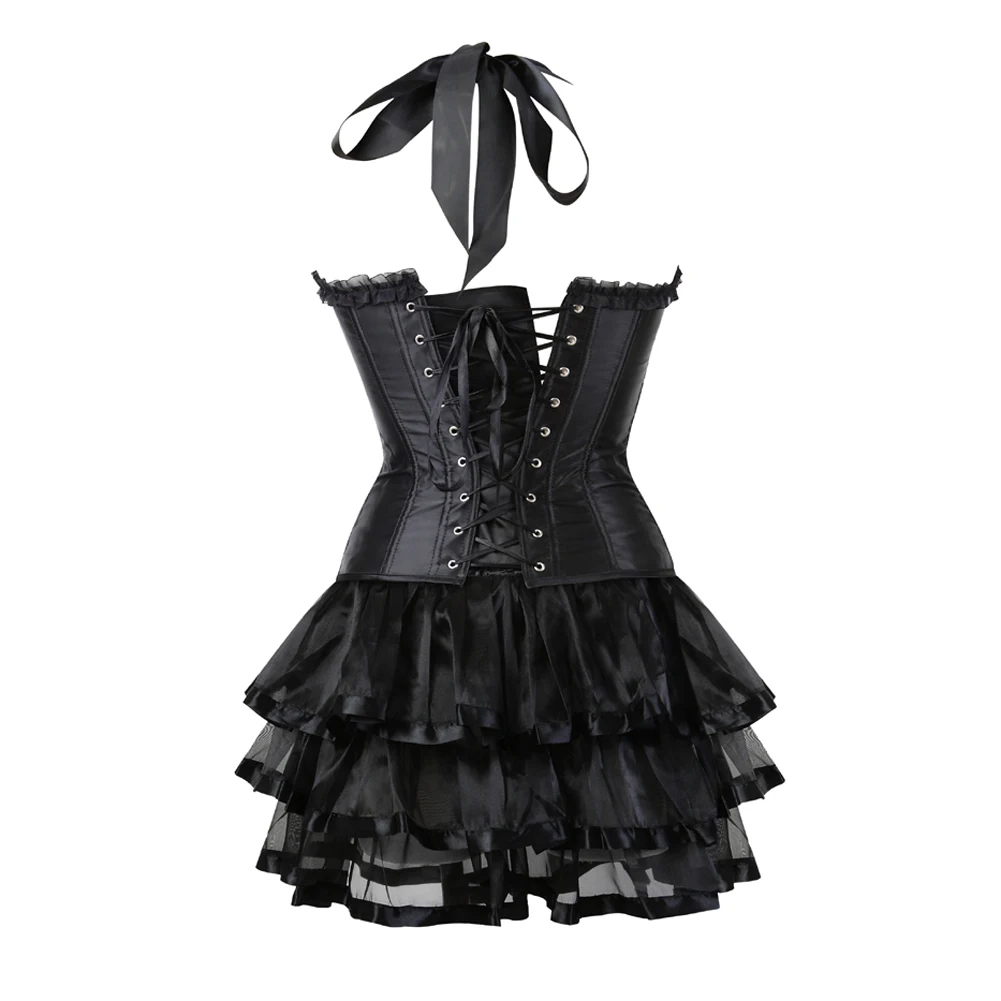 Sexy Women Gothic Satin Corset Top With Strap Cup Zipper Bustier Lingerie Mini Tutu Skirt Victorian Party Costumes Plus Size