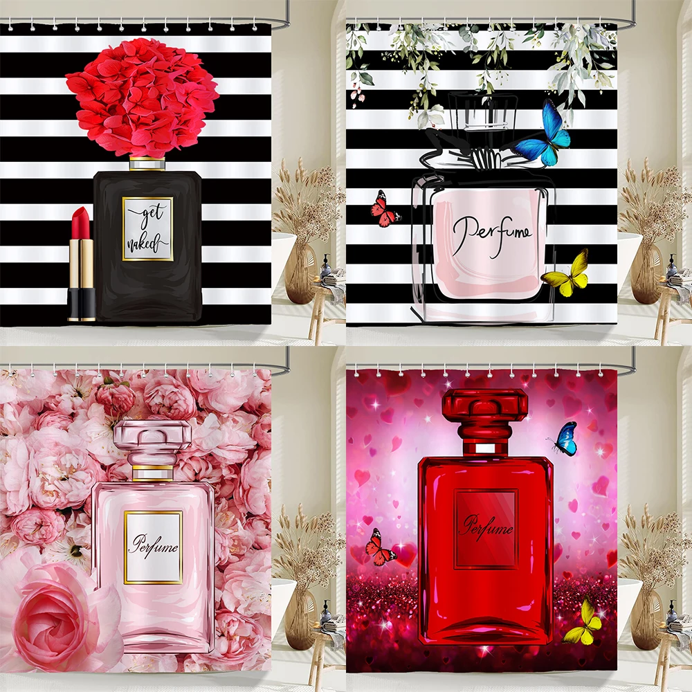 

Modern fashion stripe perfume cosmetics printed shower curtain polyester bathroom curtain with hooks home decoration curtain