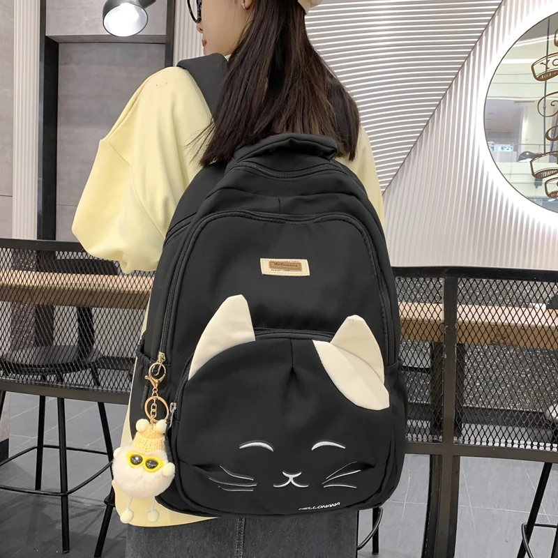 Cute Cat Backpack Cartoon Embroidery Rucksack For Teenage Girls Large School Bag Fashion Students Black Rucksack Mochilas XA69H