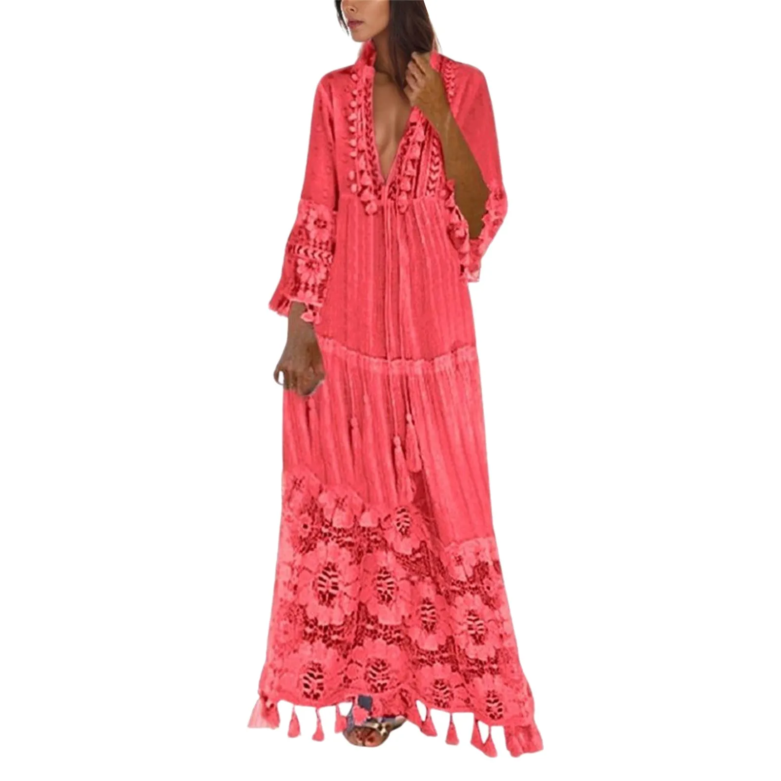 Ladies Bohemian V-Neck Tassel Large Size Casual Dress Women Lace Solid Fashion Maxi Dress Elegant Robe Boho Holiday Long Dresses